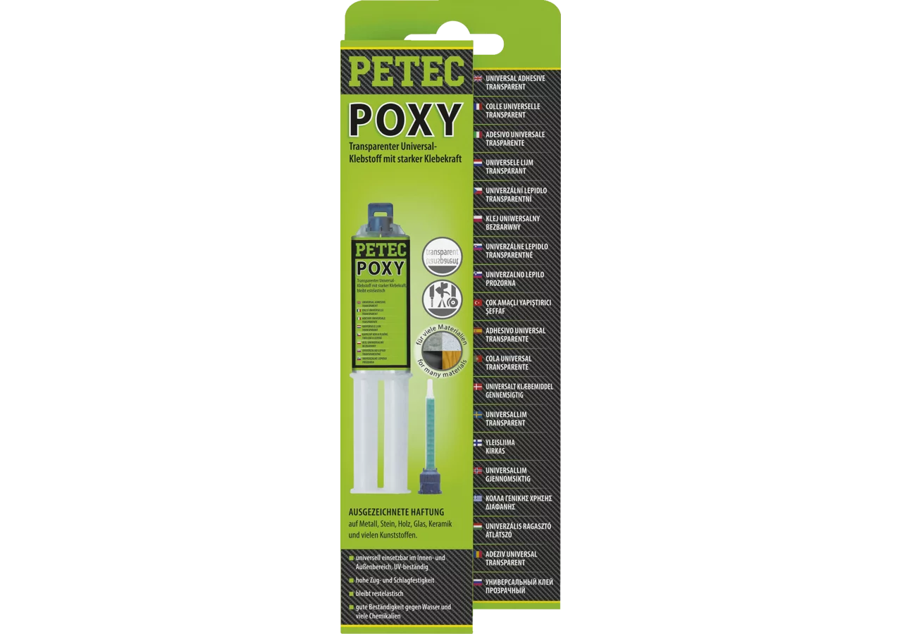 Universalklebstoff POXY transparent, 24 ml Doppelspritze inkl. Mischrohr PETEC