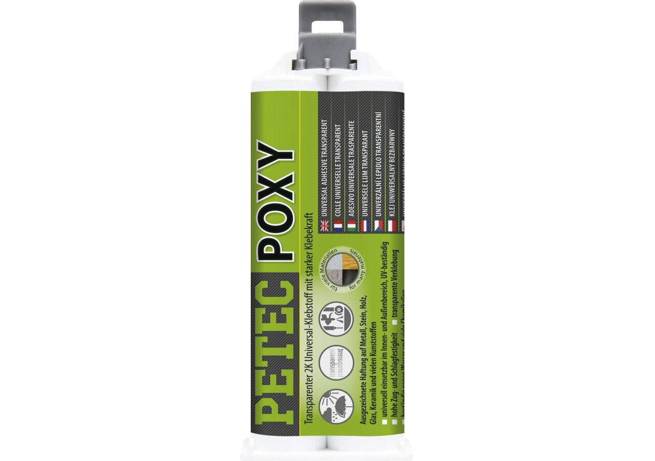 Universalklebstoff POXY transparent, 50 ml Doppelkartusche ohne Mischrohr PETEC