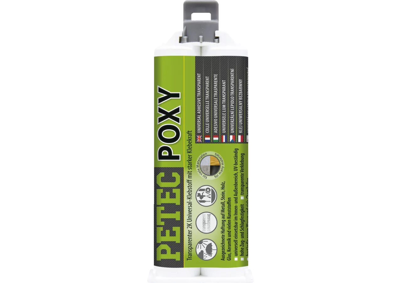Universalklebstoff POXY transparent, 50 ml Doppelkartusche ohne Mischrohr PETEC