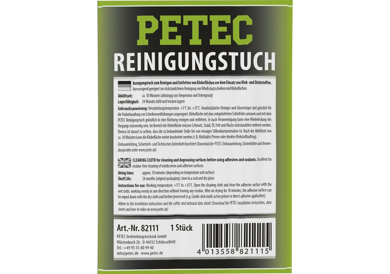 Reinigungstuch für Klebeflächen von Windschutzscheiben rückstandsfrei – passend für Klebeflächen von Windschutzscheiben rückstandsfrei PETEC