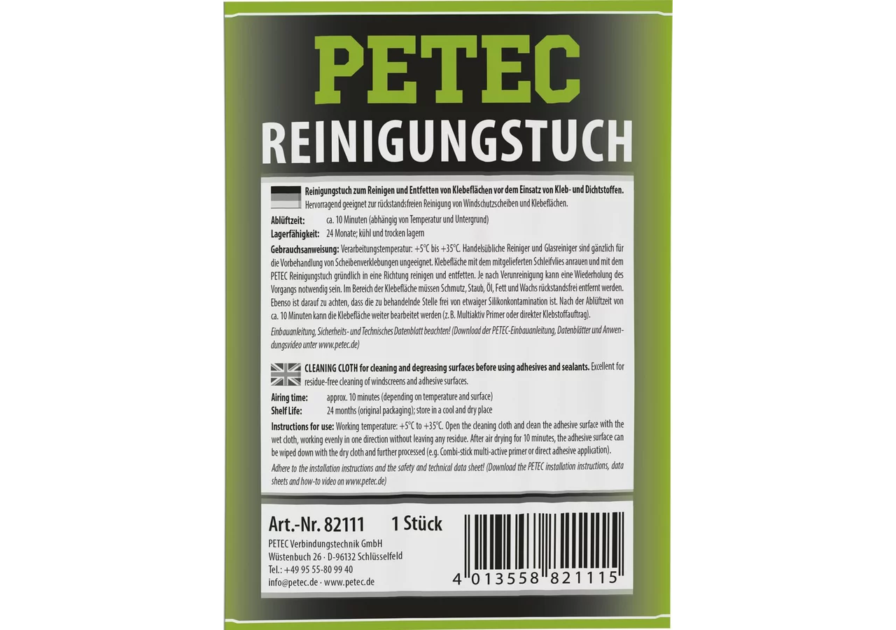 Reinigungstuch für Klebeflächen von Windschutzscheiben rückstandsfrei – passend für Klebeflächen von Windschutzscheiben rückstandsfrei PETEC