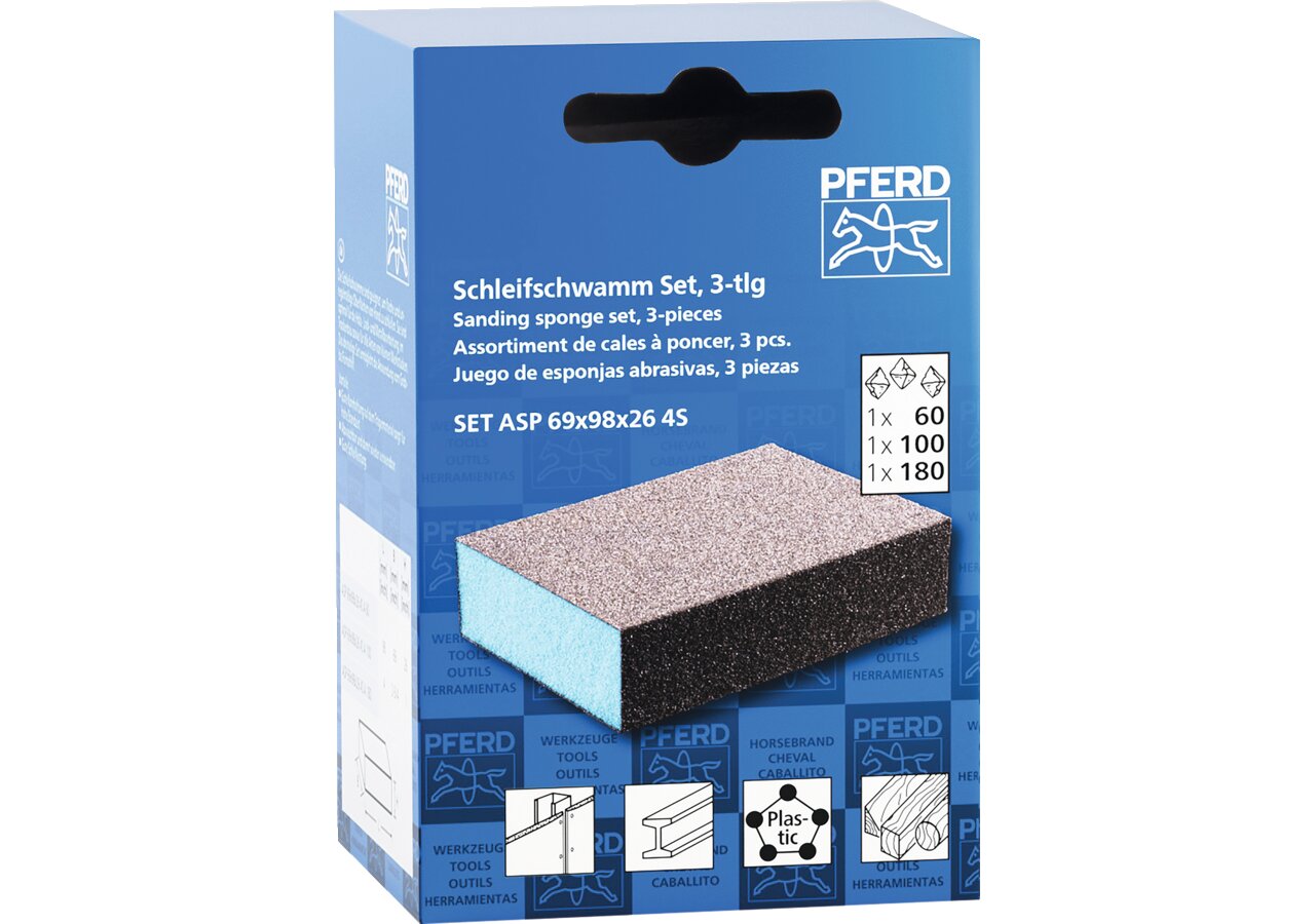 Schleifschwamm Set 3-teilig, ASP 69 x 98 x 26 mm, Korn A60, A100, A180 Pferd
