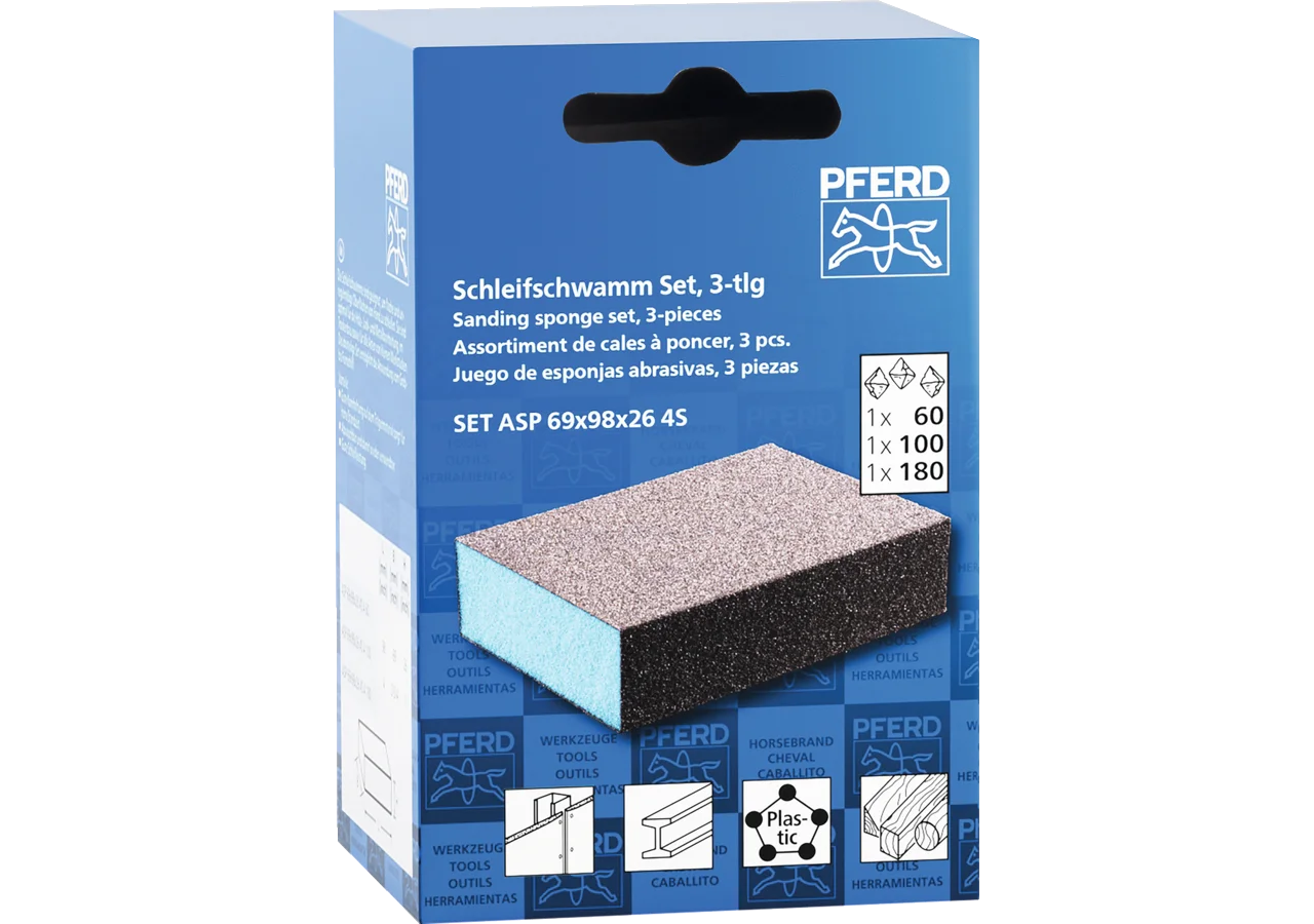 Schleifschwamm Set 3-teilig, ASP 69 x 98 x 26 mm, Korn A60, A100, A180 Pferd