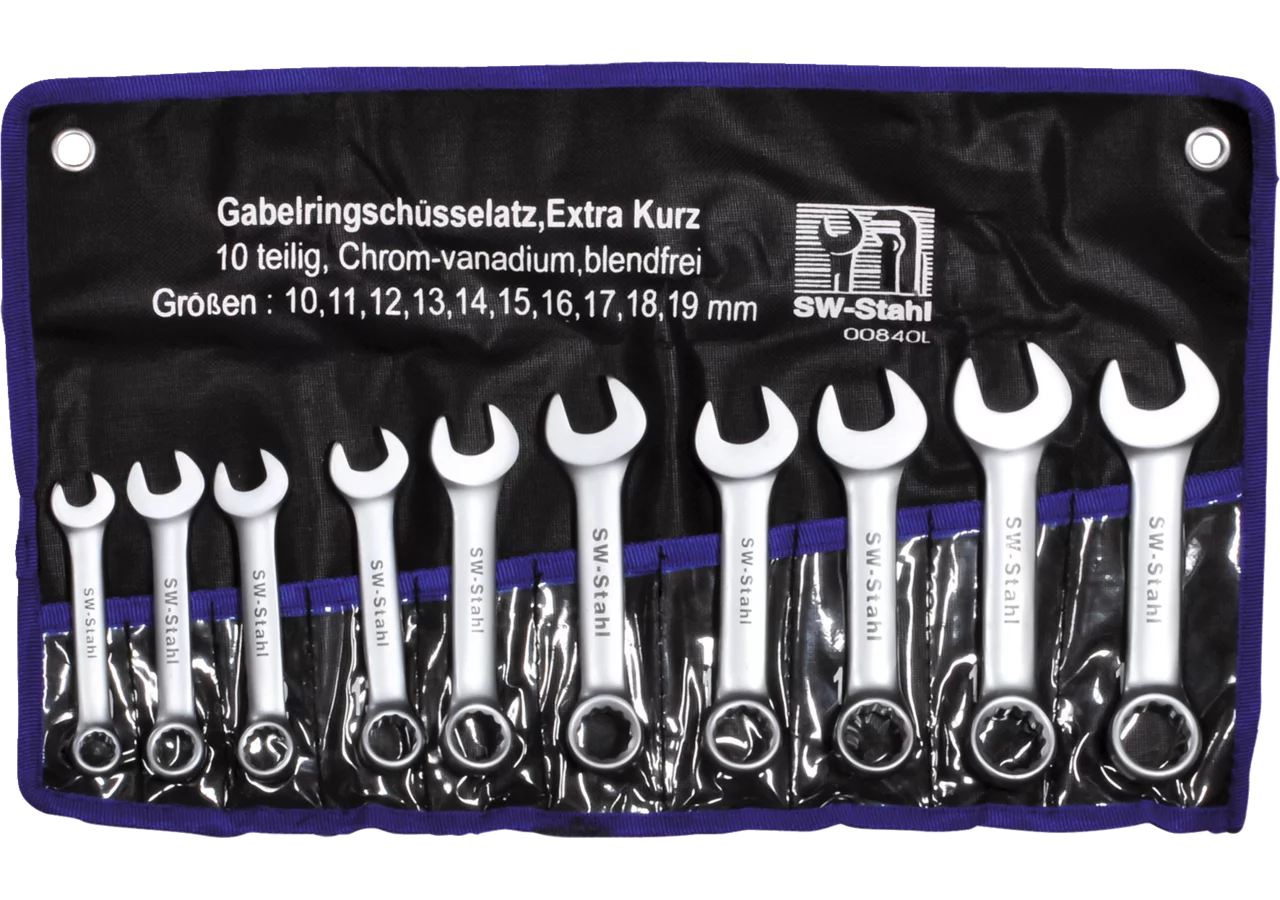 Gabelringschlüsselsatz 10-teilig, SW 10 - 19 mm, 15° abgschrägt Extra kurze Ausführung SW-Stahl