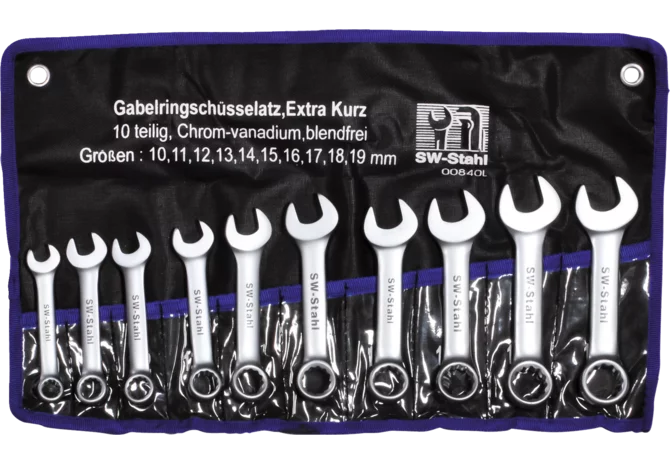 Gabelringschlüsselsatz 10-teilig, SW 10 - 19 mm, 15° abgschrägt Extra kurze Ausführung SW-Stahl