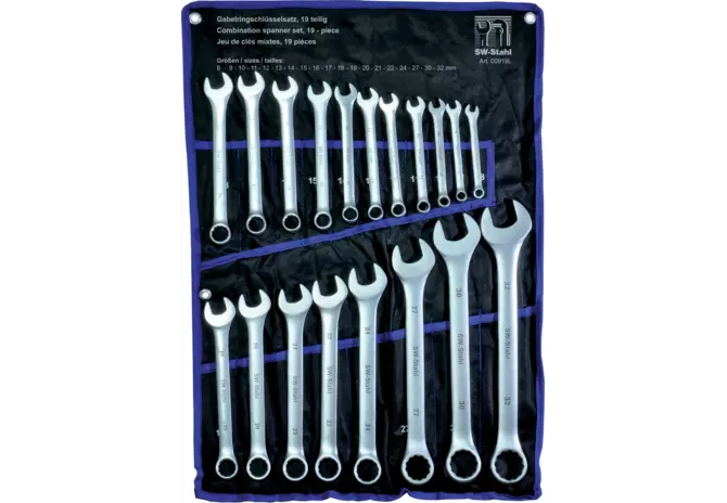 Gabelringschlüsselsatz 19-teilig, SW 8 - 32 mm, 15° abgeschrägt in Rolltasche SW-Stahl