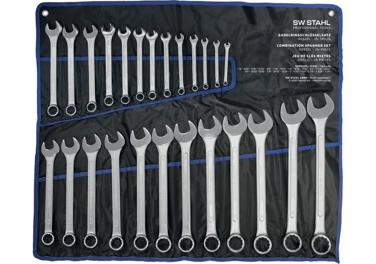 Gabelringschlüsselsatz 25-teilig, SW 1/4 - 1 1/4 Zoll, 15° abgschrägt Zoll Ausführung SW-Stahl