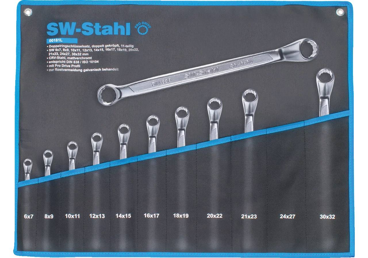 Doppelringschlüsselsatz 11-teilig, SW 6 - 32 mm, doppelt gekröpft Pro Drive, nach DIN838 SW-Stahl