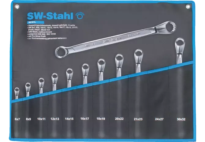Doppelringschlüsselsatz 11-teilig, SW 6 - 32 mm, doppelt gekröpft Pro Drive, nach DIN838 SW-Stahl