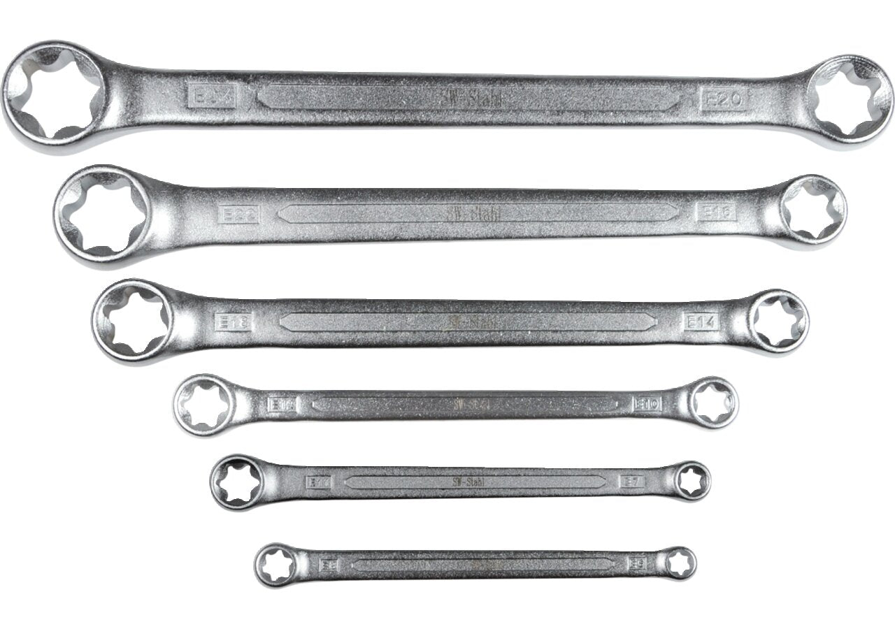 Doppelringschlüsselsatz 6-teilig, E6-E24, E-Profil gerade Ausführung Chrom-Vanadium, mattverchromt SW-Stahl