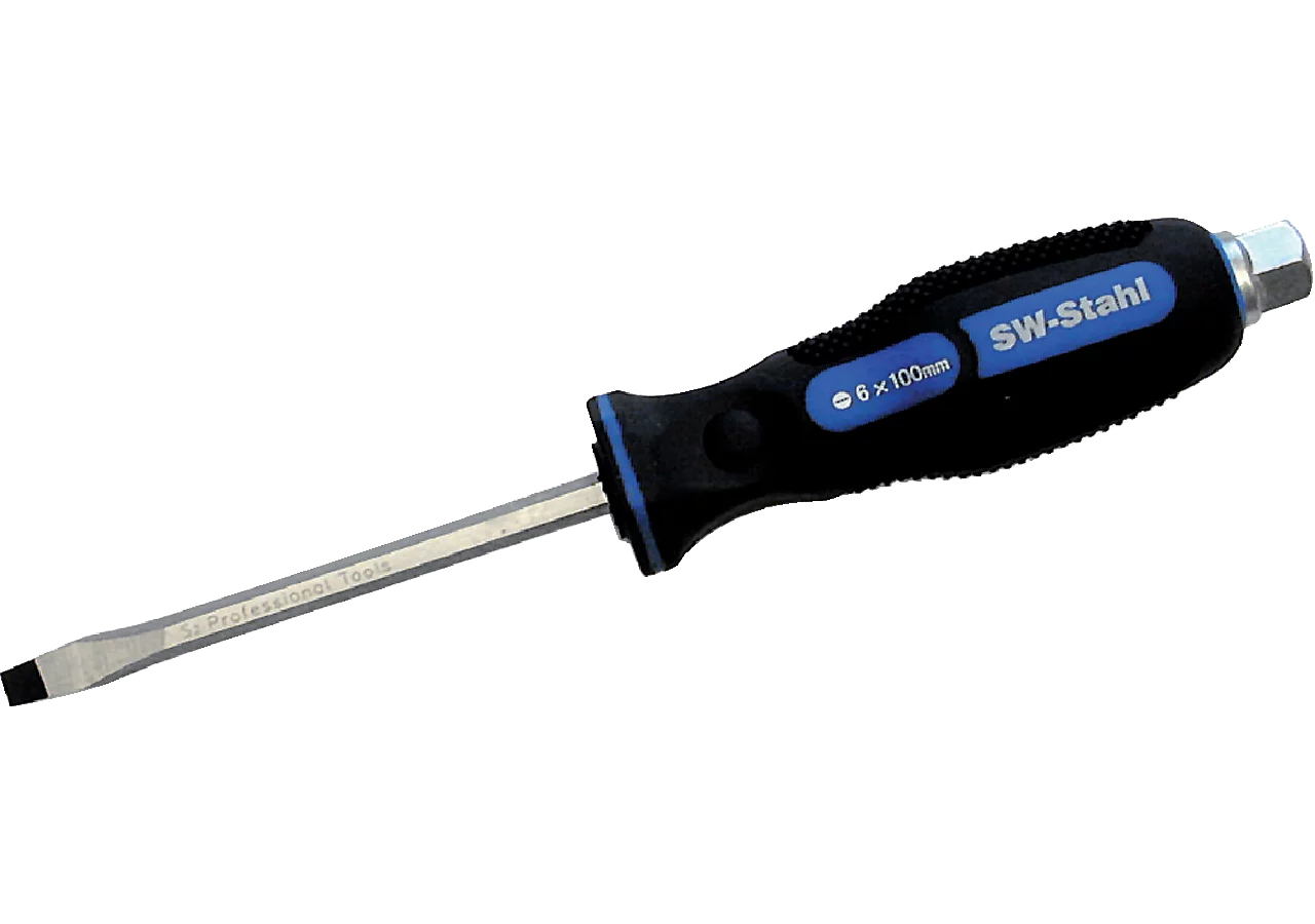 Schraubendreher 6,0 x 38 mm, mit Schlitz mit durchgesteckter, schlagfester Sechskant Klinge SW-Stahl