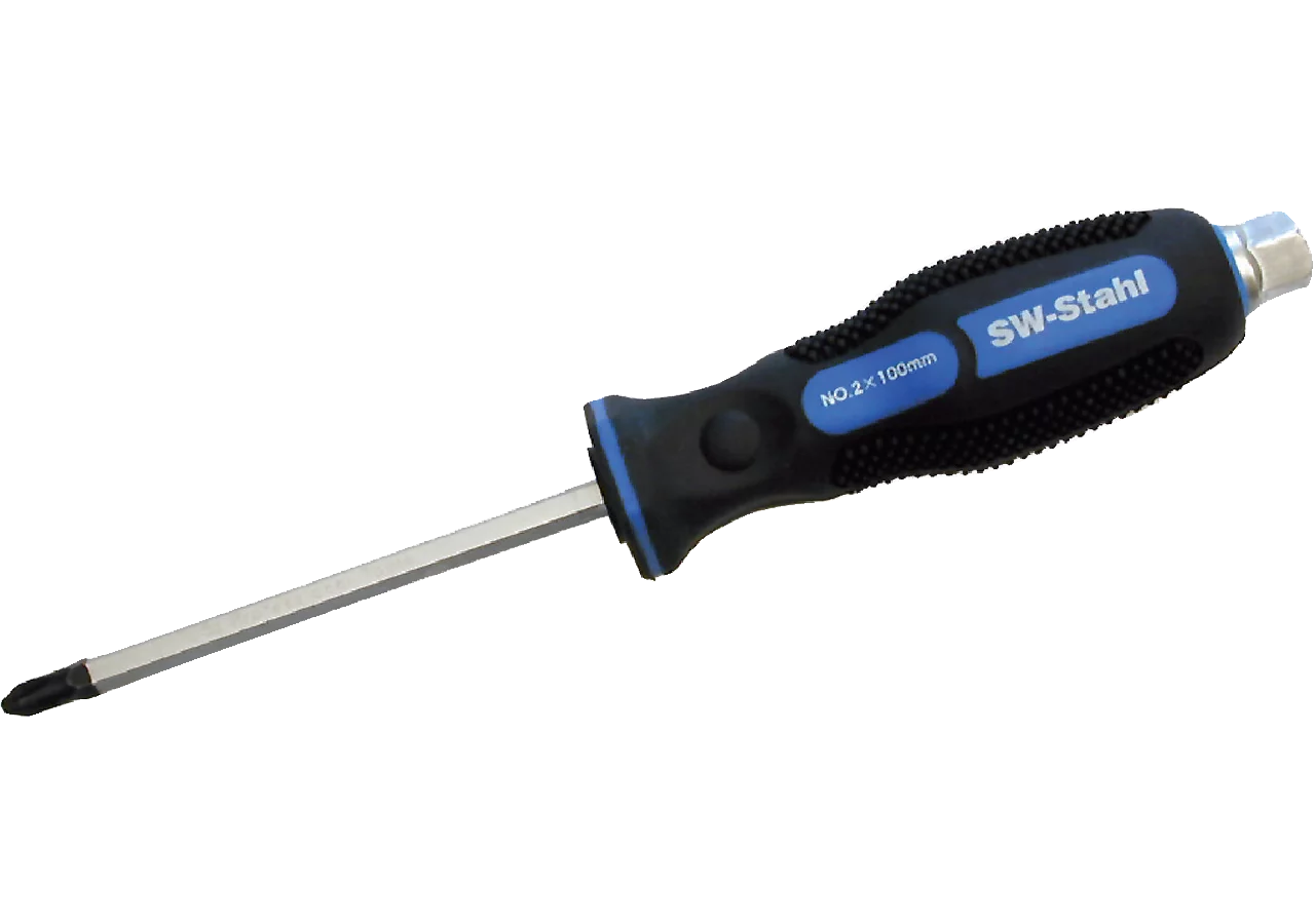 Schraubendreher PH2 x 100 mm, mit Kreuzschlitz mit durchgesteckter, schlagfester Sechskant Klinge SW-Stahl