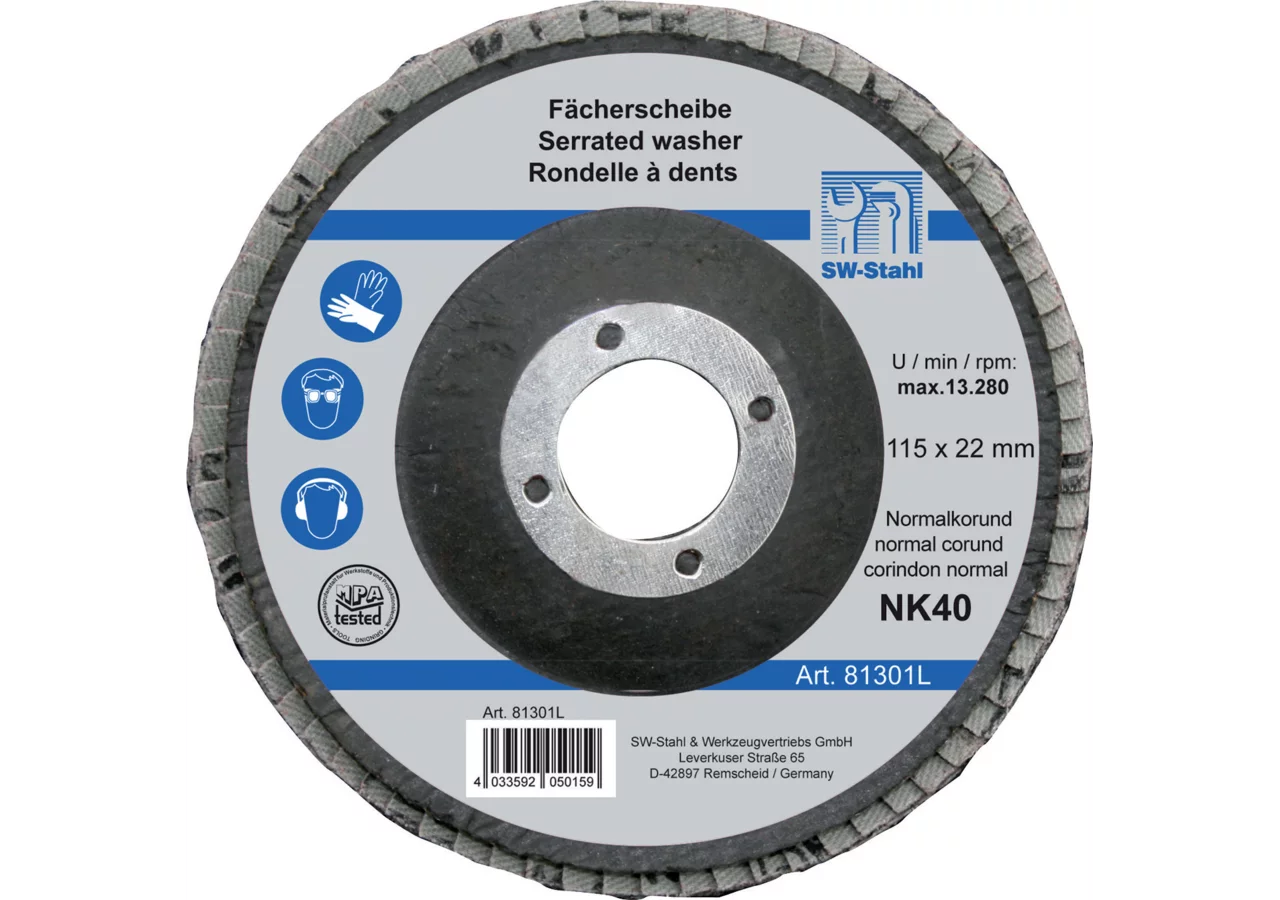Schleiflamellenteller Dm 115 mm, K 40 Normalkorund, EN12413 SW-Stahl