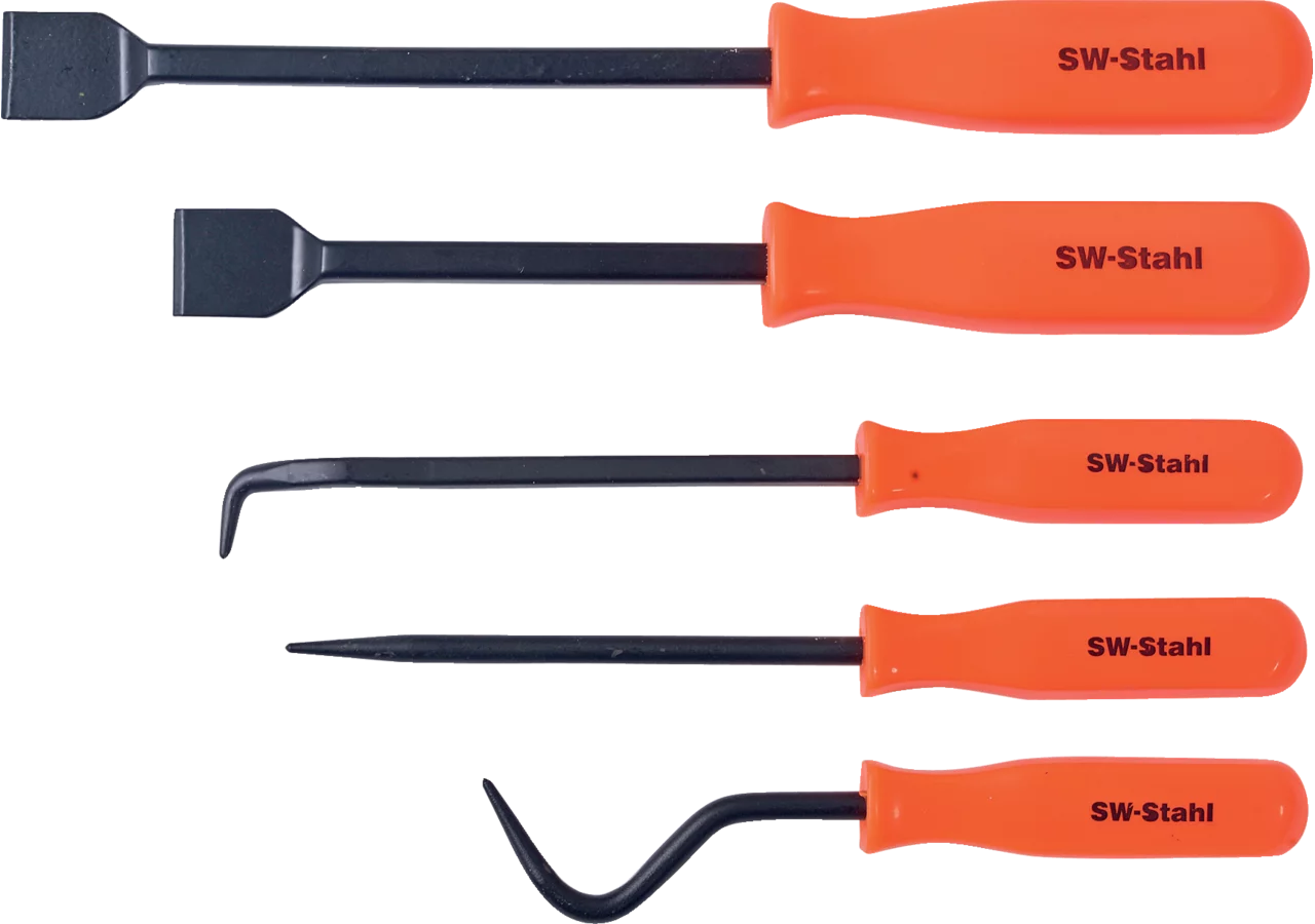 Schaber- und Hakensatz 5-teilig gehärtet, Schaber 215, 275 mm, Hacken, Stechahle SW-Stahl