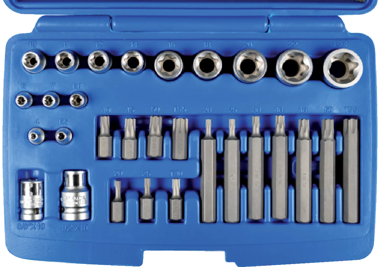 Kombi-Schraubergarnitur 30-teilig, T und E - Profileinsätze mit 1/4 - 3/8 - 1/2 Zoll Antrieb SW-Stahl