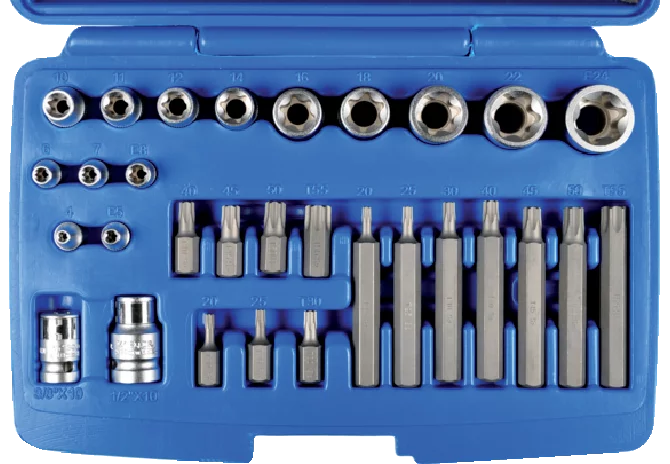 Kombi-Schraubergarnitur 30-teilig, T und E - Profileinsätze mit 1/4 - 3/8 - 1/2 Zoll Antrieb SW-Stahl