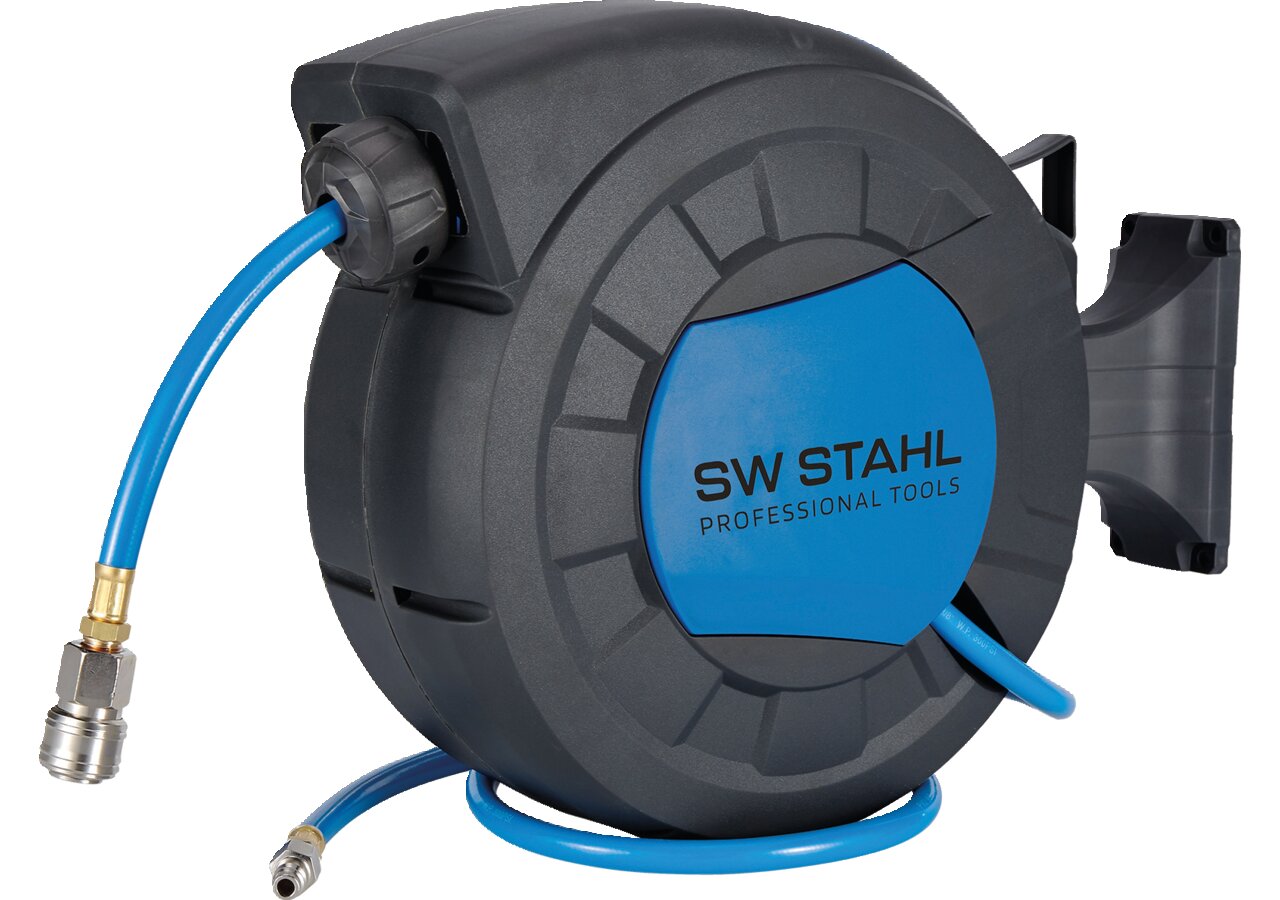 Druckluft-Schlauchaufroller 15 Meter, ID 12,5 mm, AD 18,8 mm Aufrollautomatik und 1/4 Zoll Kupplung SW-Stahl