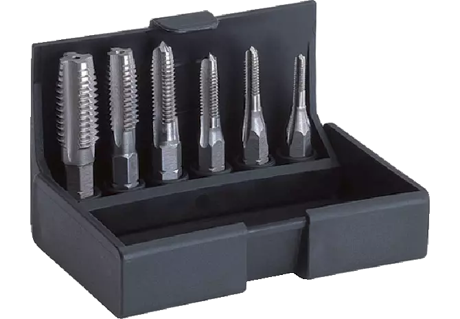 Einschnittgewindebohrer-Bitsatz 6-teilig, HSS M3 - 10, geschliffen mit 1/4 Zoll Antrieb SW-Stahl