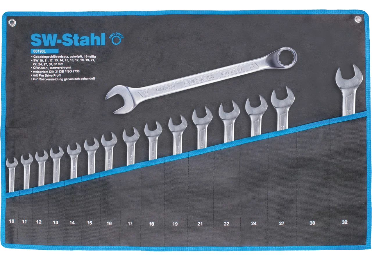 Gabelschlüsselsatz 16-teilig, SW 10 - 32 mm, einseitig gekröpft Pro Drive, nach DIN3113-B SW-Stahl