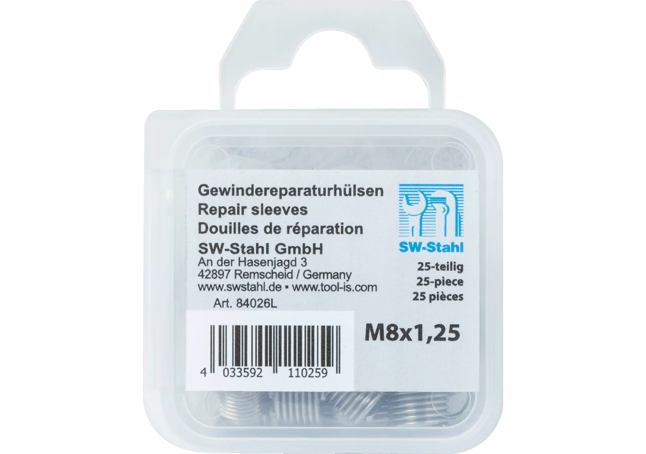 Reparaturhülsensatz 25-teilig, M8 x 1,25, 25 Stück für metrisches Gewinde – passend für metrisches Gewinde SW-Stahl