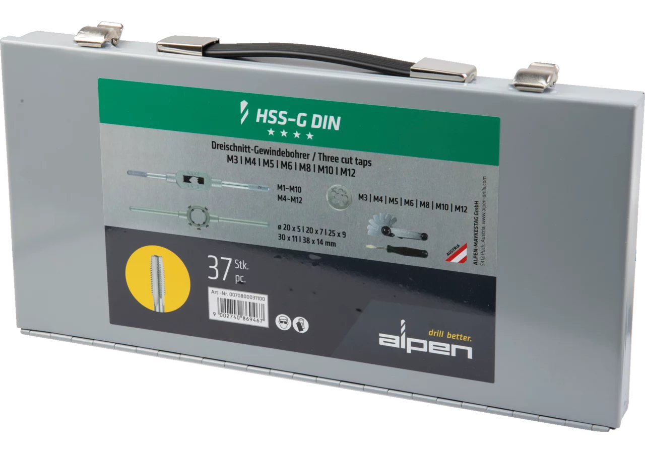 Gewindeschneidwerkzeugsatz 37-teilig, HSS M3 - M12 in Metallkassette Alpen