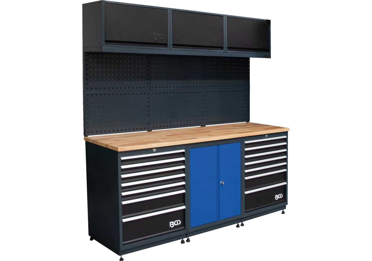 Wandschranksystem Starter Paket - 3 Module, 1950 x 2025 mm inkl. Massivholz-Arbeitsplatte BGS