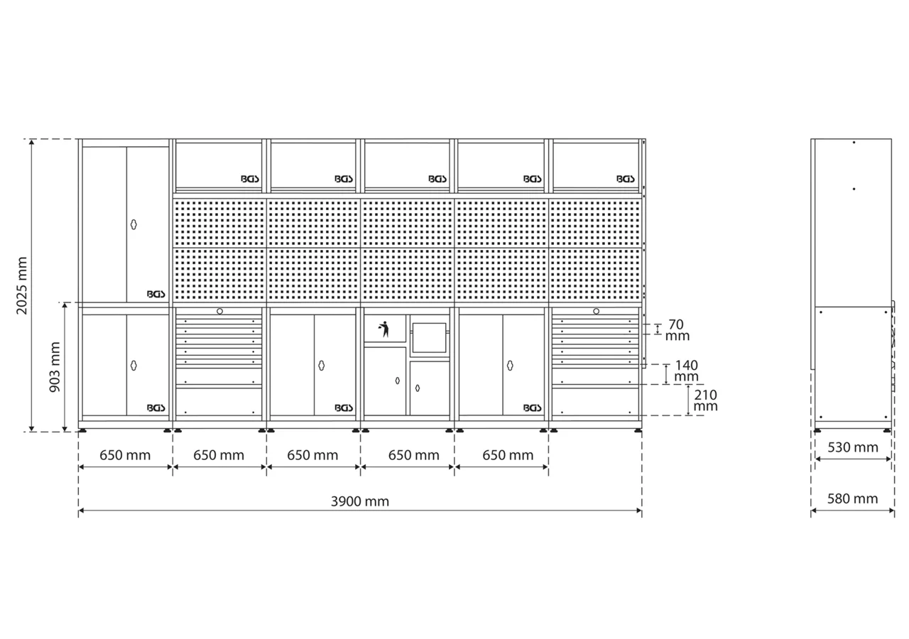 Wandschranksystem Kompakt - 6 Module, 3900 x 2025 mm inkl. Massivholz-Arbeitsplatte BGS
