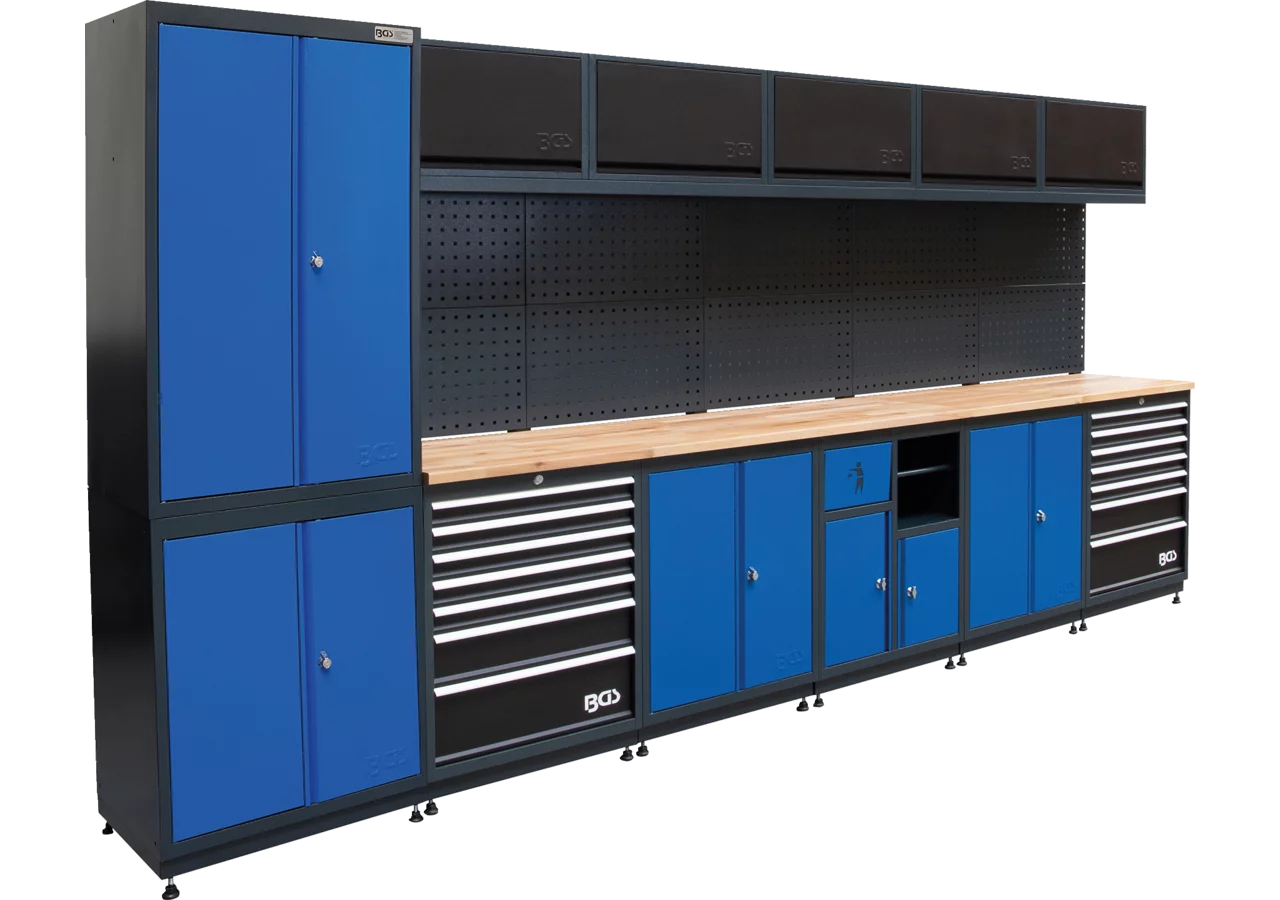 Wandschranksystem Kompakt - 6 Module, 3900 x 2025 mm inkl. Massivholz-Arbeitsplatte BGS
