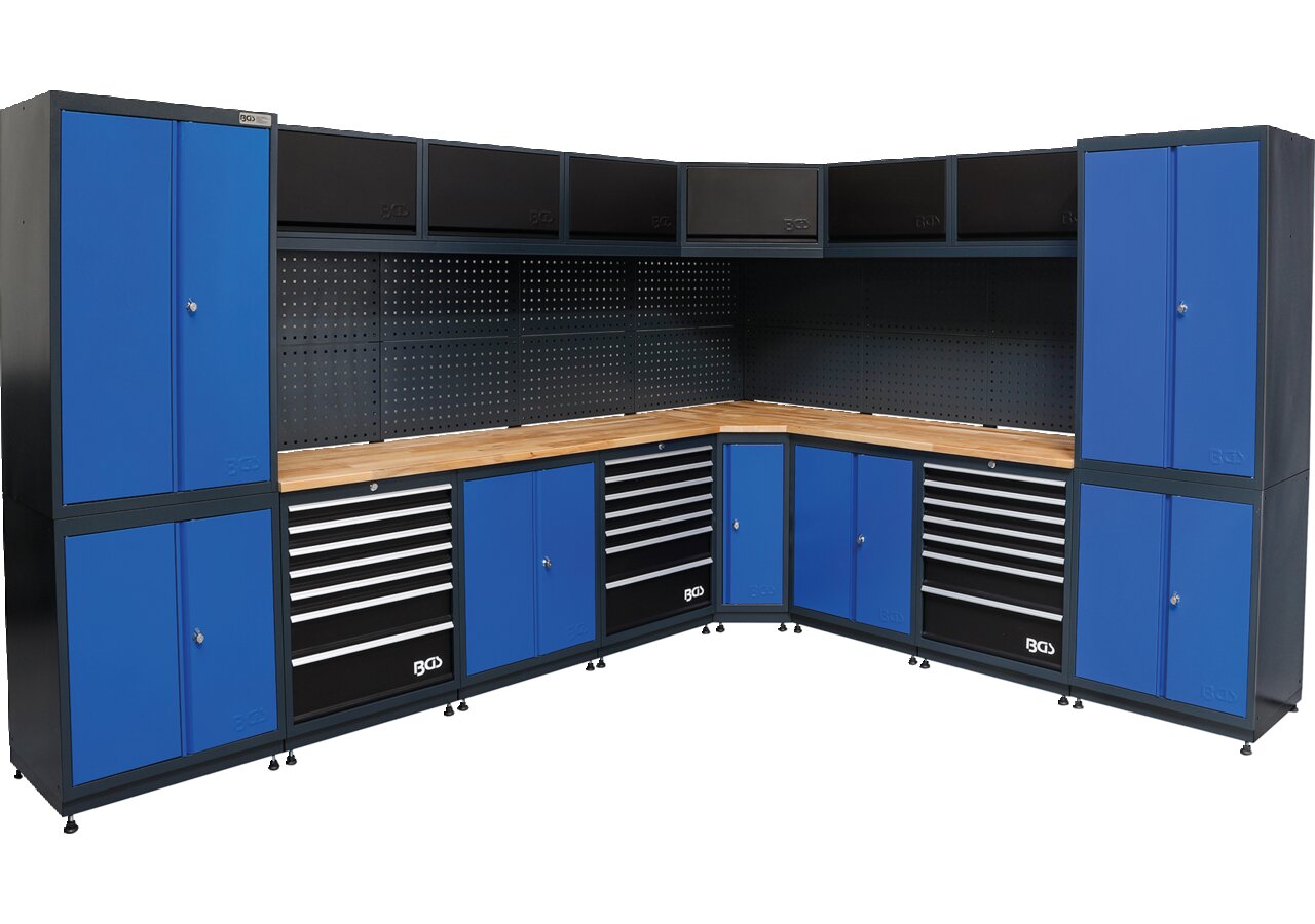 Wandschranksystem Werkstatt - 8 Module, 3350 x 2700 x 2025 mm inkl. Massivholz-Arbeitsplatte BGS