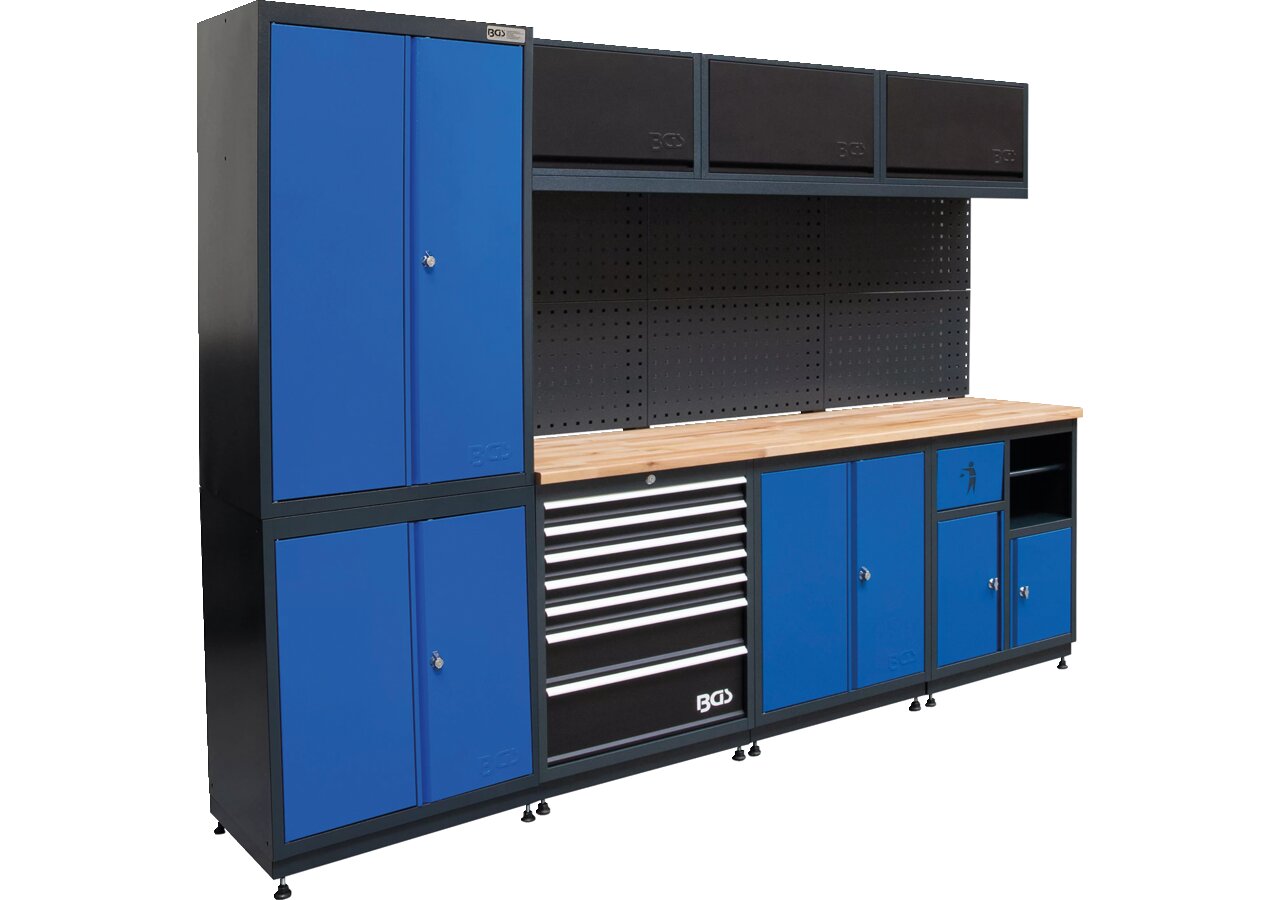 Wandschranksystem Kombi - 4 Module, 2625 x 20205 mm inkl. Massivholz-Arbeitsplatte BGS
