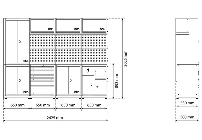 Wandschranksystem Kombi - 4 Module, 2625 x 20205 mm inkl. Massivholz-Arbeitsplatte BGS