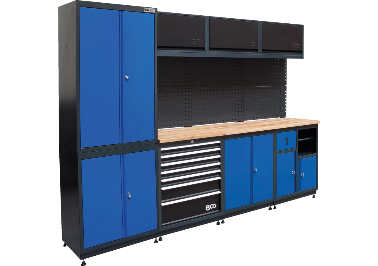 Wandschranksystem Kombi - 4 Module, 2625 x 20205 mm inkl. Massivholz-Arbeitsplatte BGS