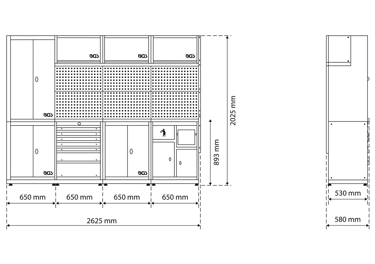 Wandschranksystem Kombi - 4 Module, 2625 x 20205 mm inkl. Massivholz-Arbeitsplatte BGS