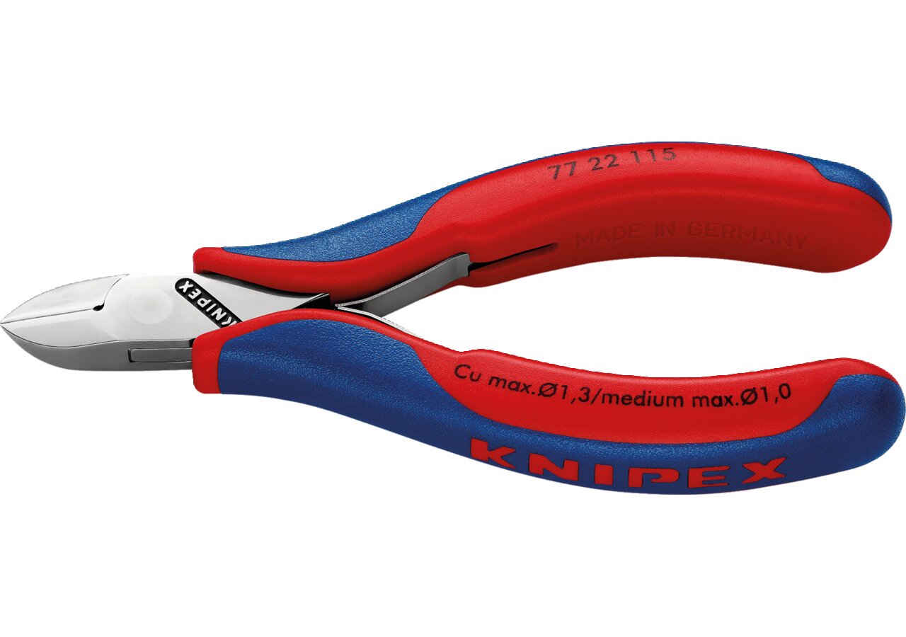 Elektronikseitenschneider mit durchgesteckten Gelenk L 115 mm Mittelharter Draht bis Ø 1 mm Knipex