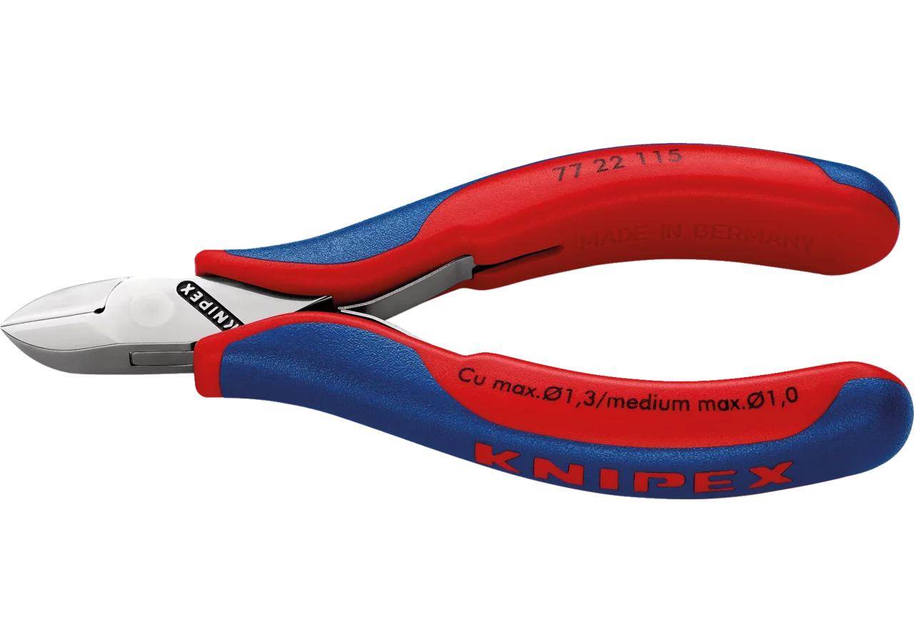 Elektronikseitenschneider mit durchgesteckten Gelenk L 115 mm Mittelharter Draht bis Ø 1 mm Knipex