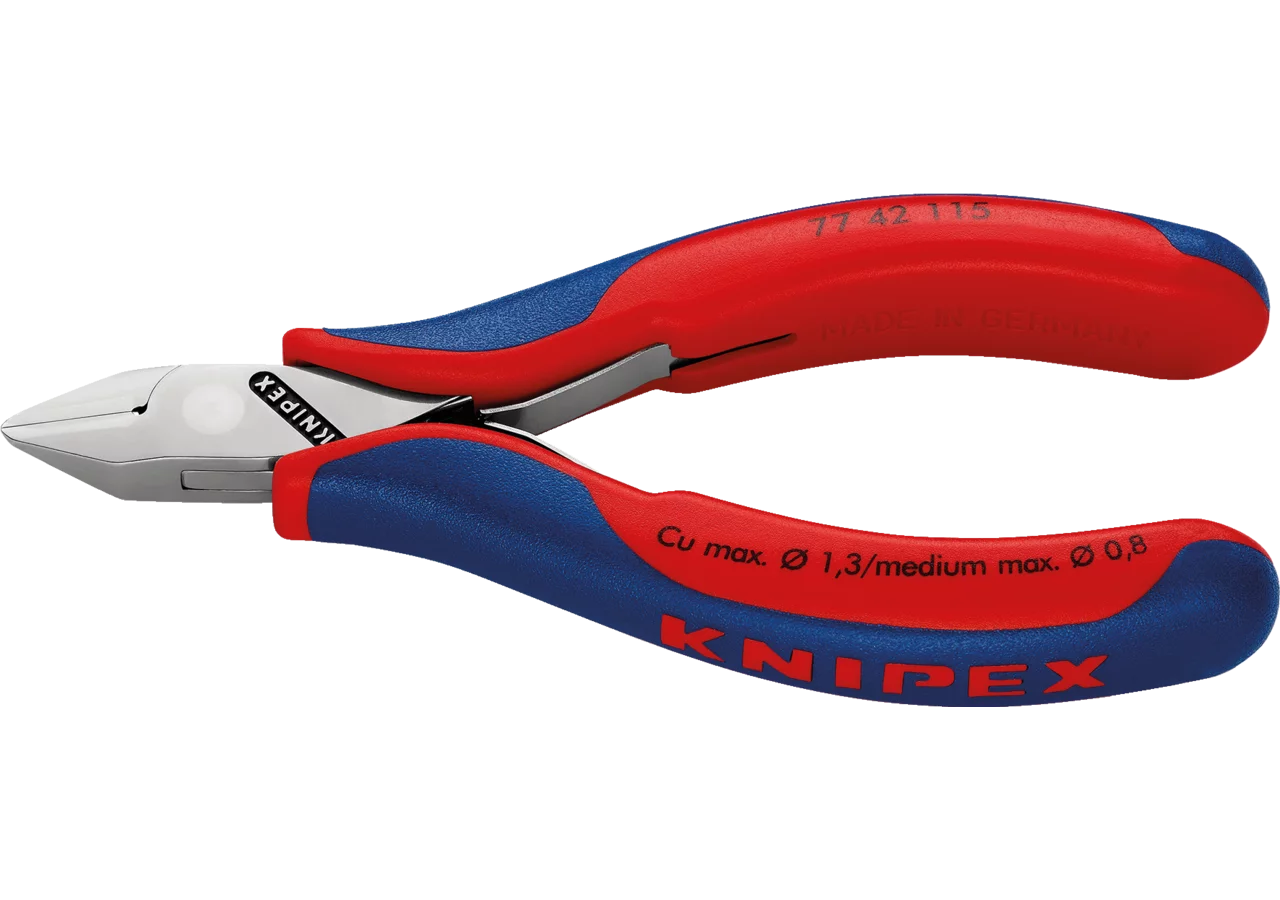 Elektronikseitenschneider mit durchgesteckten Gelenk L 115 mm Mittelharter Draht bis Ø 0,8 mm Knipex