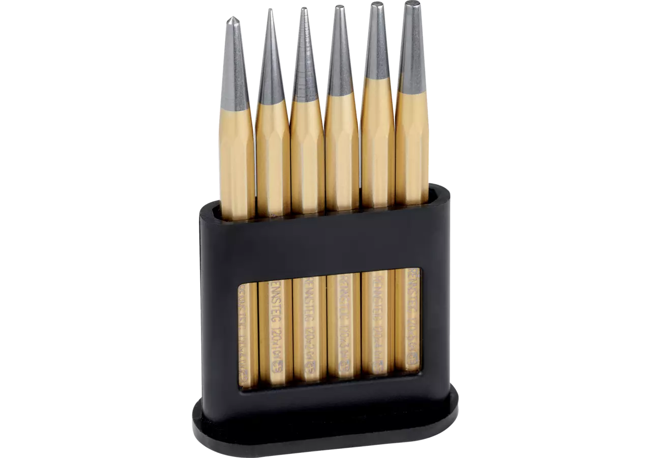 Durchtreibersatz 6-teilig, Dm 1, 2, 3, 4, 5 mm und Körner, im Kunststoffhalter Rennsteig