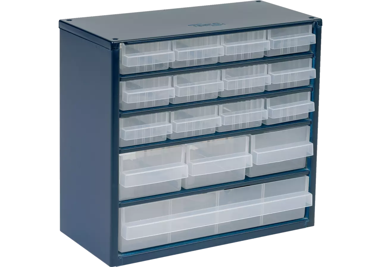Stahlmagazin 616-01, 282 x 306 x 150 mm, mit 16 Schubladen Farbe Blau/Transparent Raaco