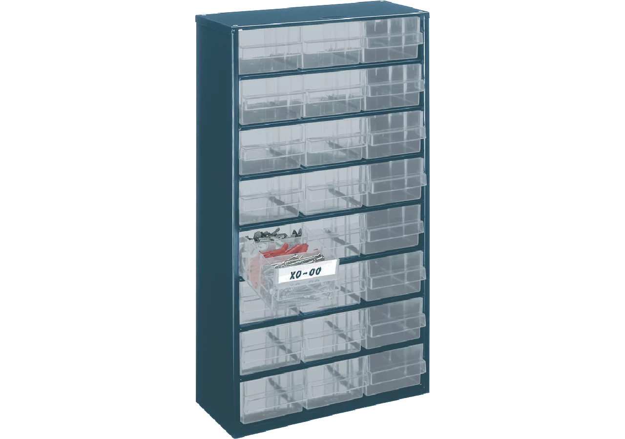 Stahlmagazin 1224-02, 552 x 306 x 150 mm, mit 24 Schubladen Farbe Blau/Transparent Raaco