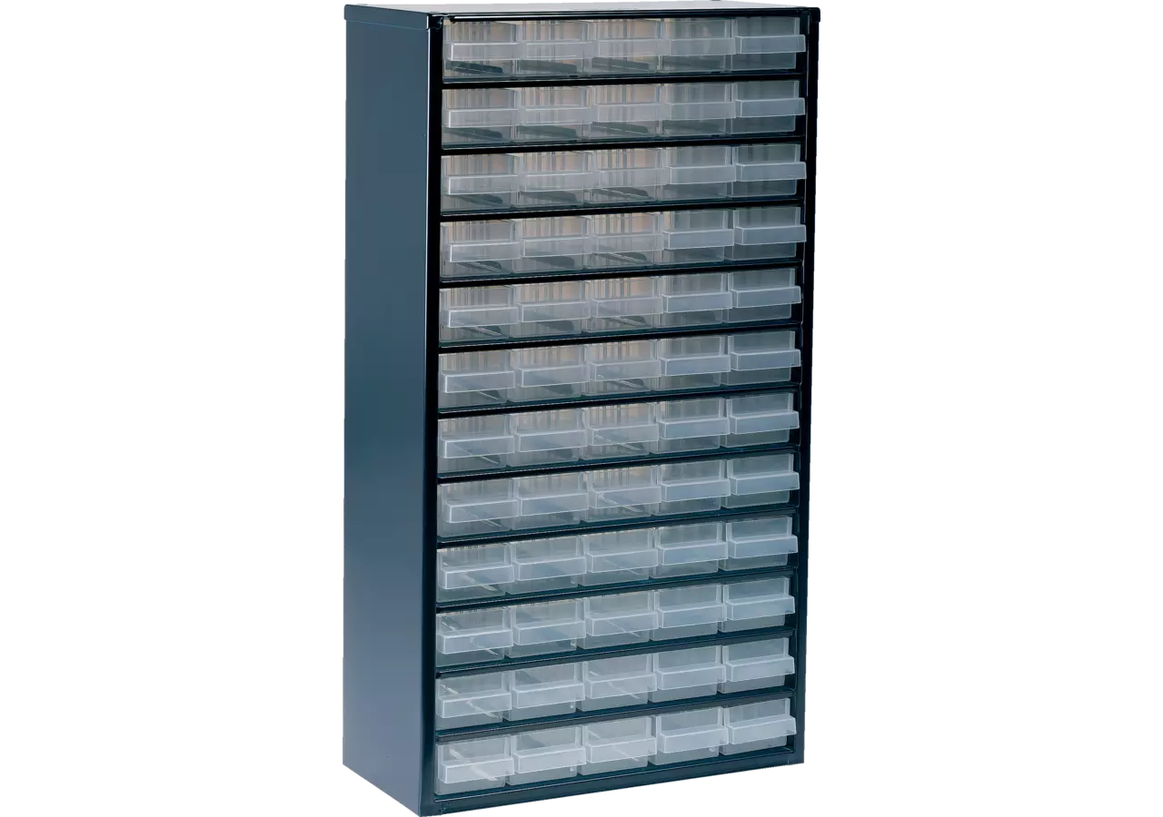 Stahlmagazin 1260-00, 552 x 306 x 150 mm, mit 60 Schubladen Farbe Blau/Transparent Raaco