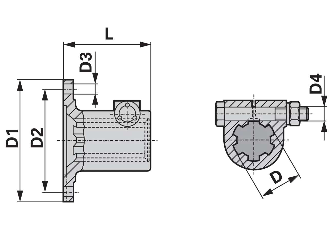 Aufsteckflansch mit Schiebestift, 1 3/8-6, Dm 90 mm TK 74,4 mm, 4 Löcher, 16.01.01 Walterscheid