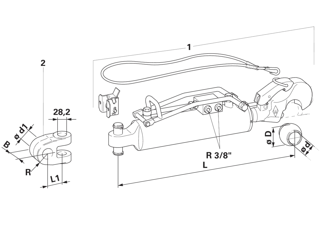 Oberlenker hydraulisch, Kat. 3, 90 mm, Länge 637 mm, ohne Gabelkopf bis ca. 250 PS Walterscheid