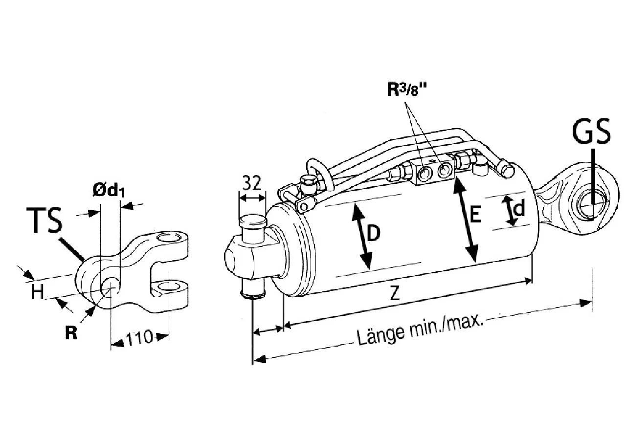 Oberlenker hydraulisch, Kat. 3/4, 120 mm, Länge 559 mm, 32 mm, ohne Gabelkopf Walterscheid