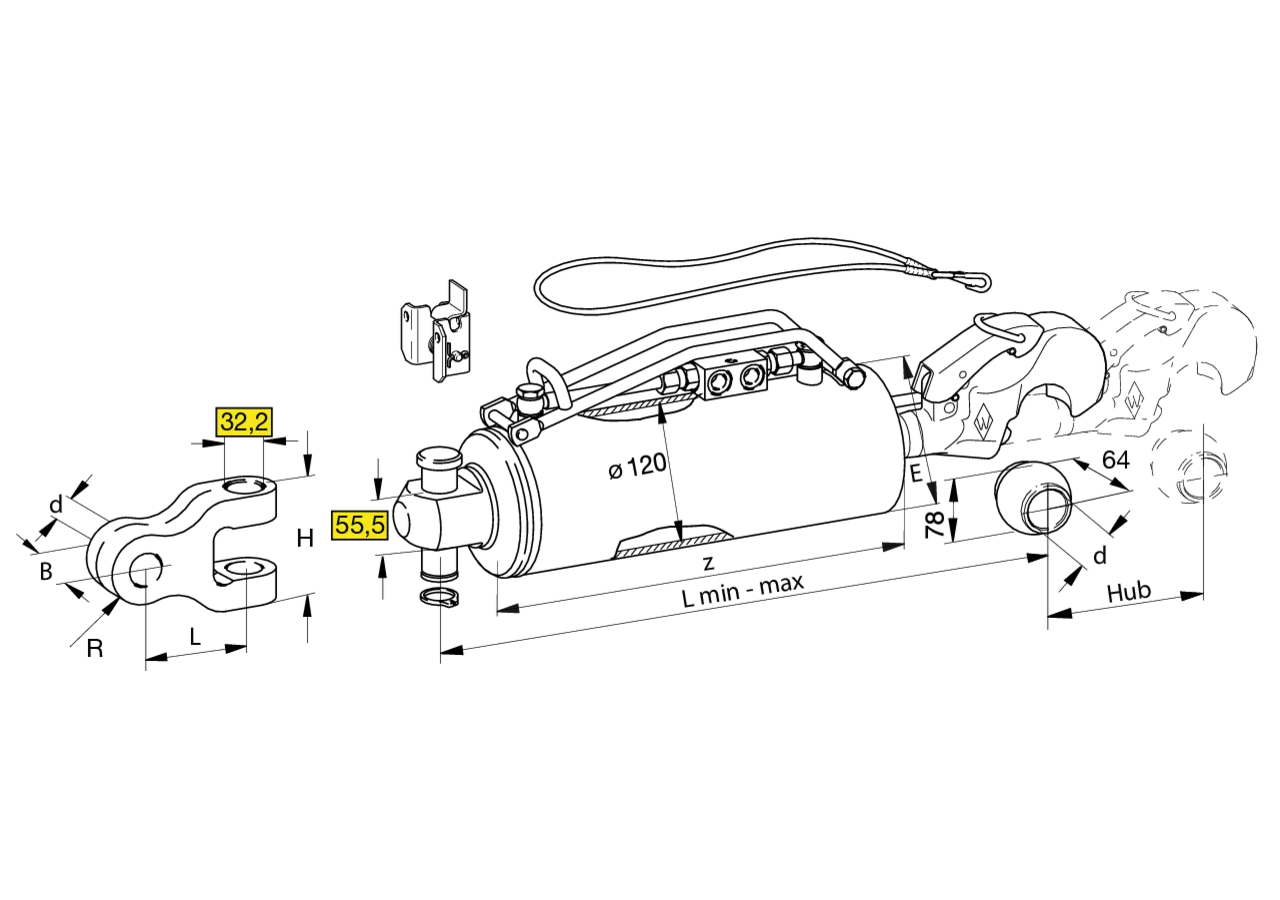 Oberlenker hydraulisch, Kat. 4, 120 mm, Länge 659 mm, mit Haken, ohne Gabelkopf Walterscheid