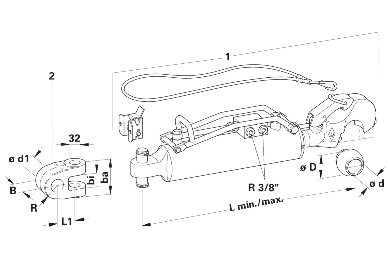 Oberlenker hydraulisch, Kat. 4, 130 mm, Länge 659 mm, mit Haken, ohne Gabelkopf mit Dämpfung Walterscheid