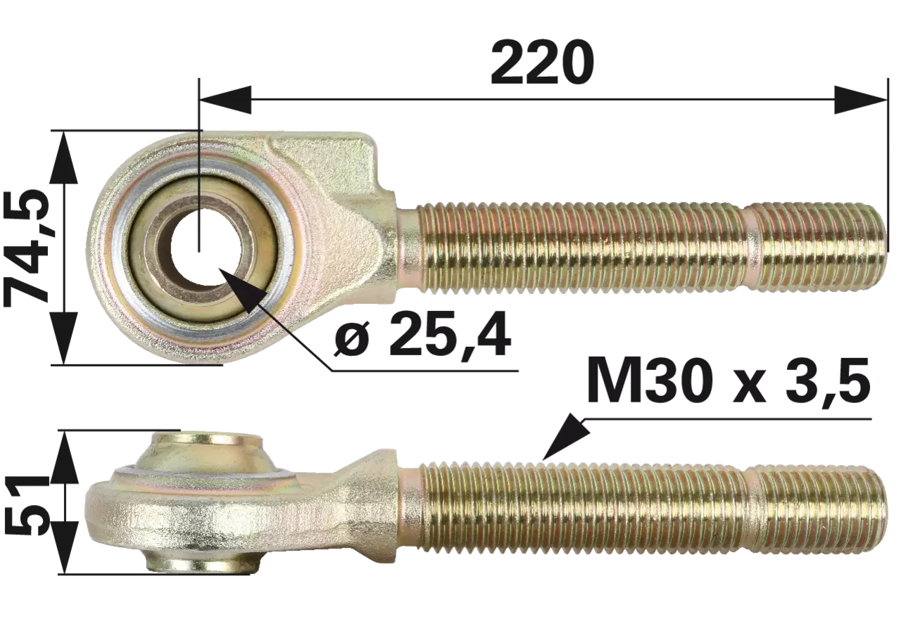 Kugelgelenkkopf M30 x 3,5, ID 25,7 mm, Länge 270 mm Walterscheid