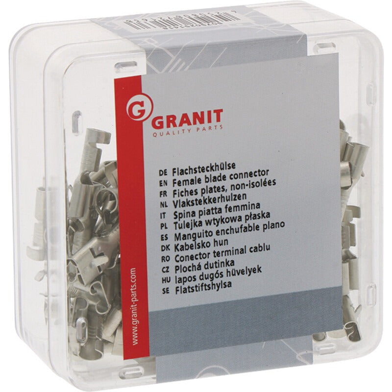 GRANIT VPE100 Flachsteckhülse – 19,2 mm Ausführung mit Rastnase Messing blank, 6