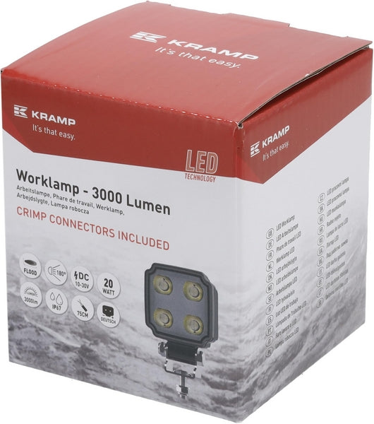 Arbeitsscheinwerfer LED, 20W, 3000lm, quadratisch, weiß, 75x47x107.5mm,Deutsch 2-pin, flood