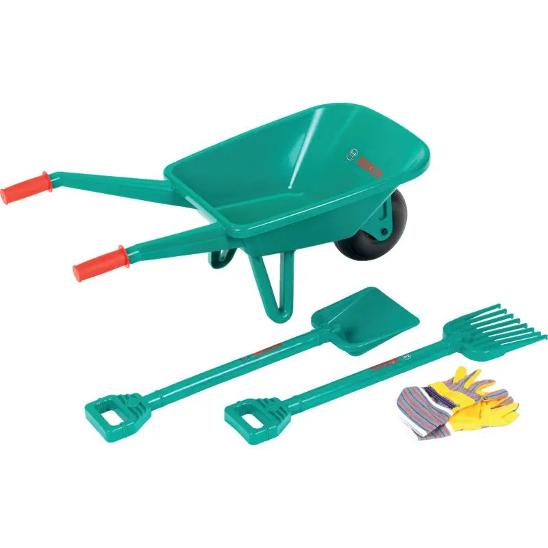 BOSCH Gartenset mit Schubkarre Spielzeug – Komplettset mit Schaufel, Rechen und Gartenhandschuhen