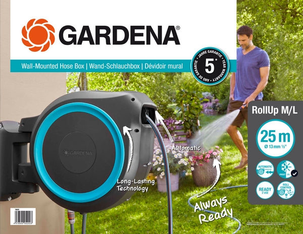 Gardena Wandmontierte Schlauchbox RollUp M/L, 25 m, 1/2", mit Spritze